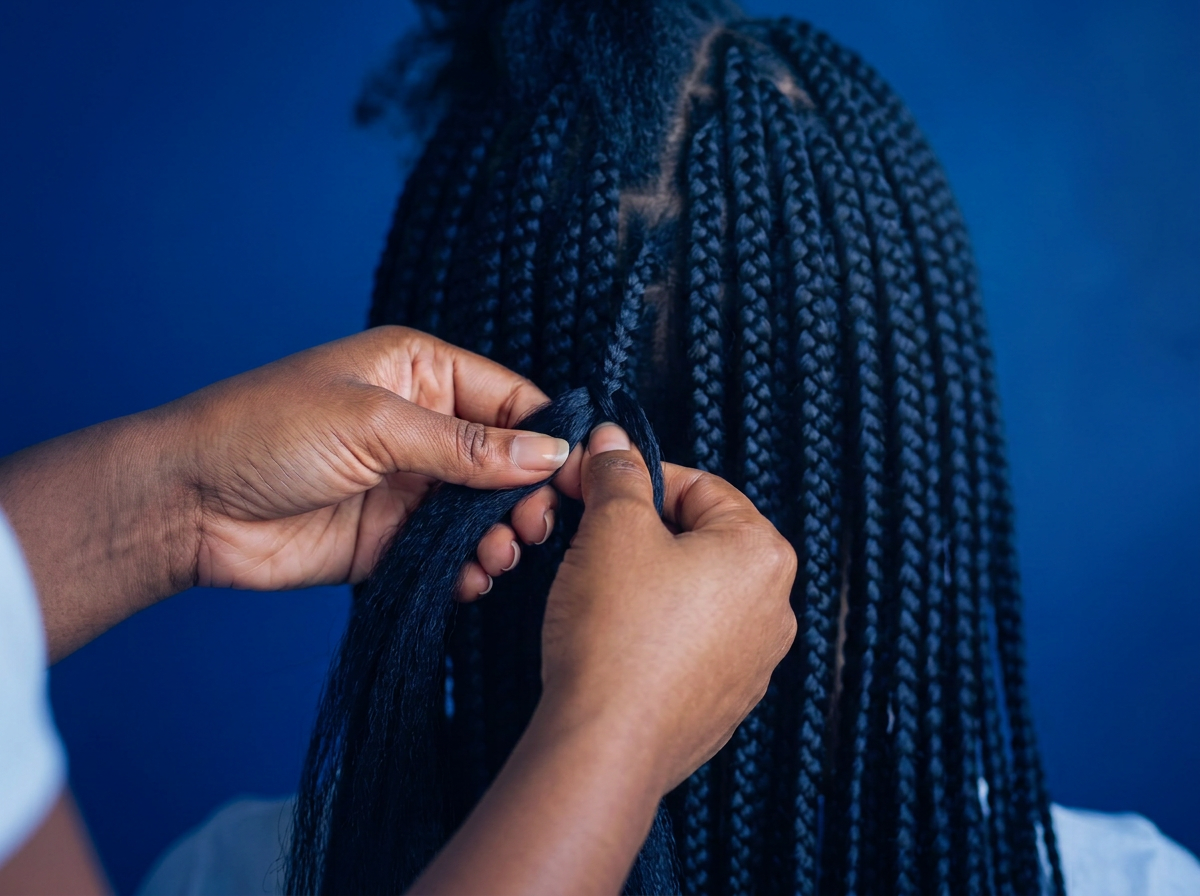 A braider's focused hands at the final braid section