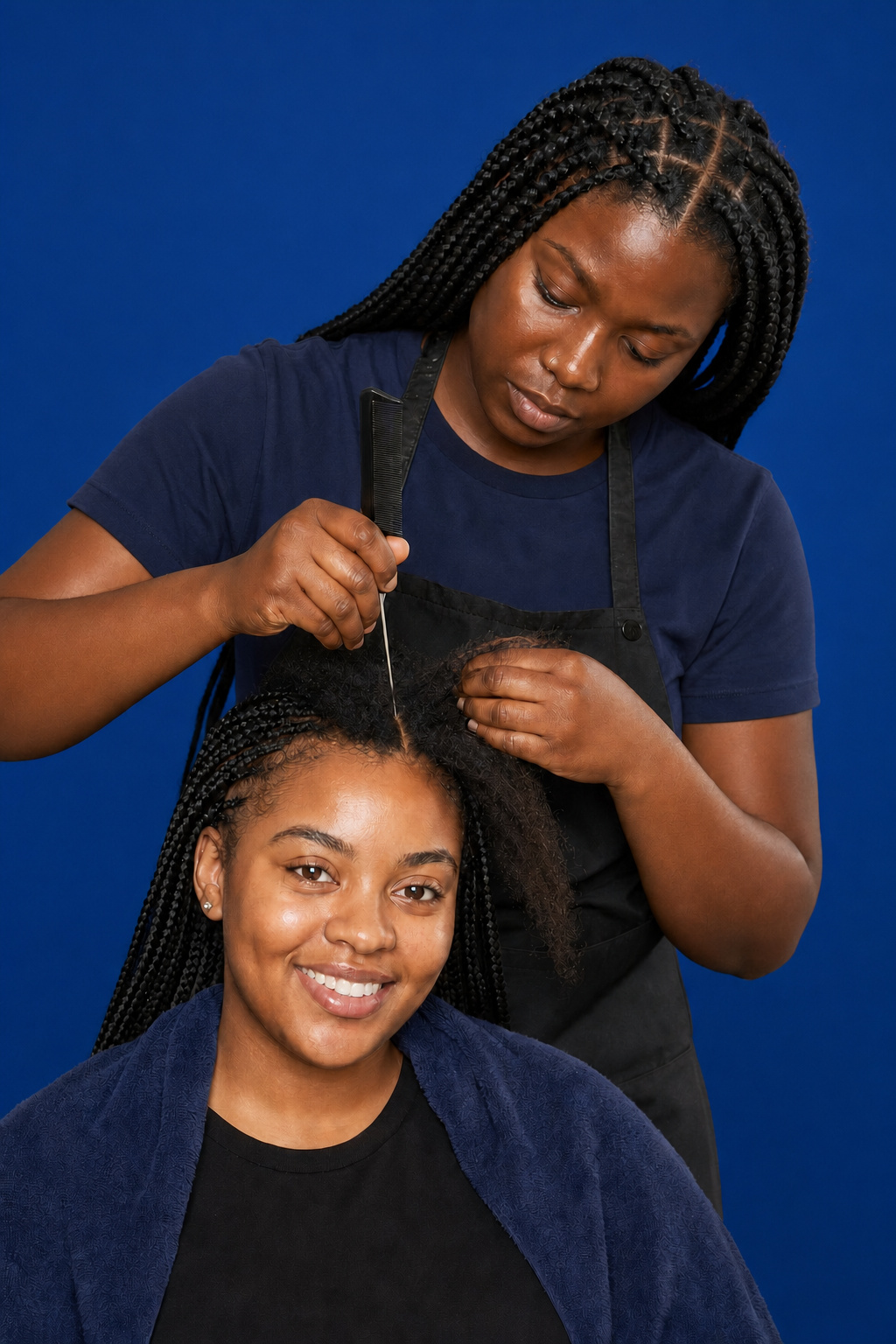 A braider parts her client's hair during an install against a cobalt blue background.