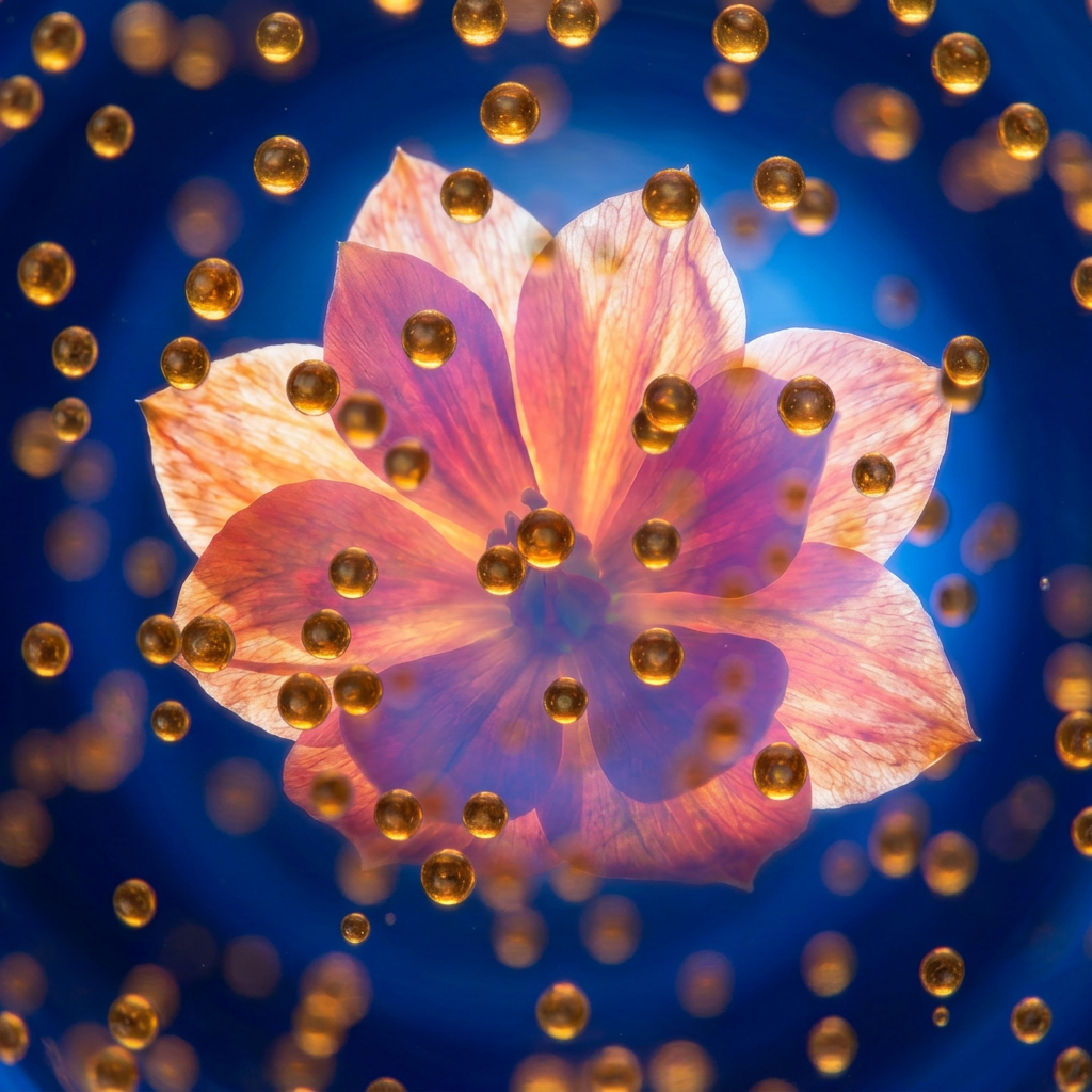 Golden BioCapsule Oleosomes with safflower bloom on cobalt blue