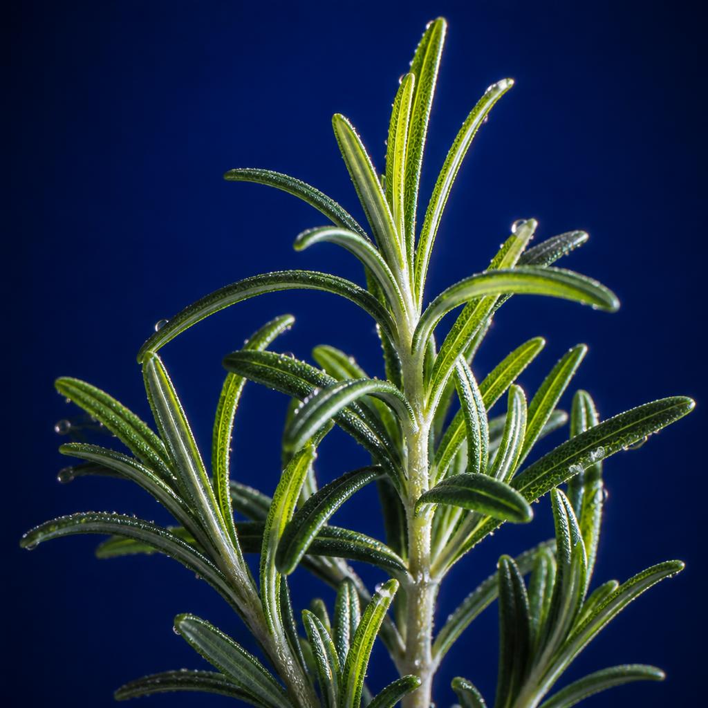 Fresh rosemary sprigs misted with water on cobalt blue